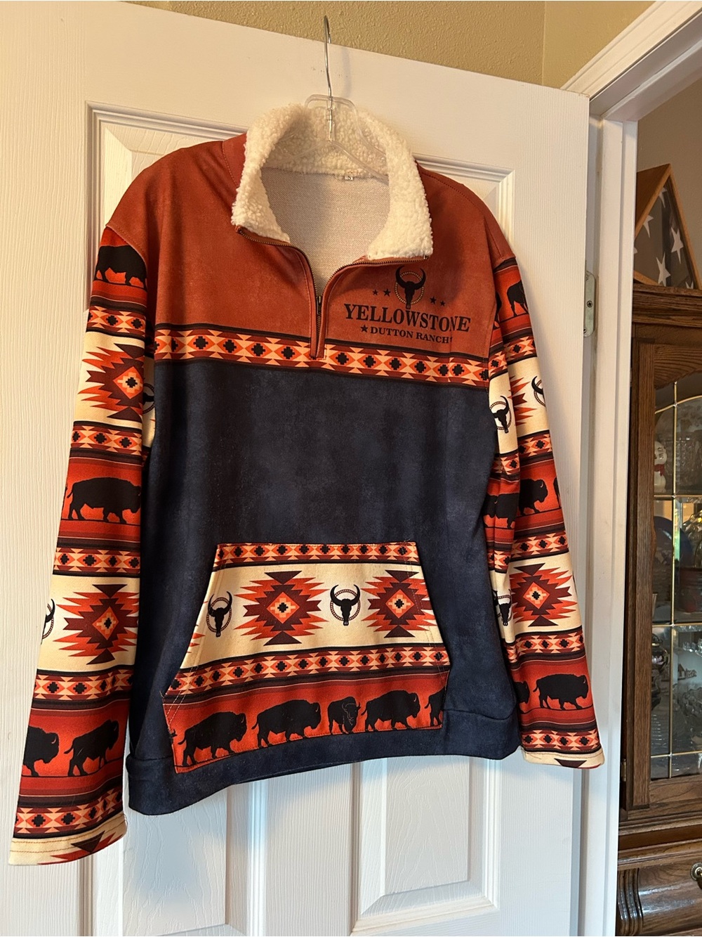 Men’s Zip-Up Sherpa Pullover - Rust & Navy